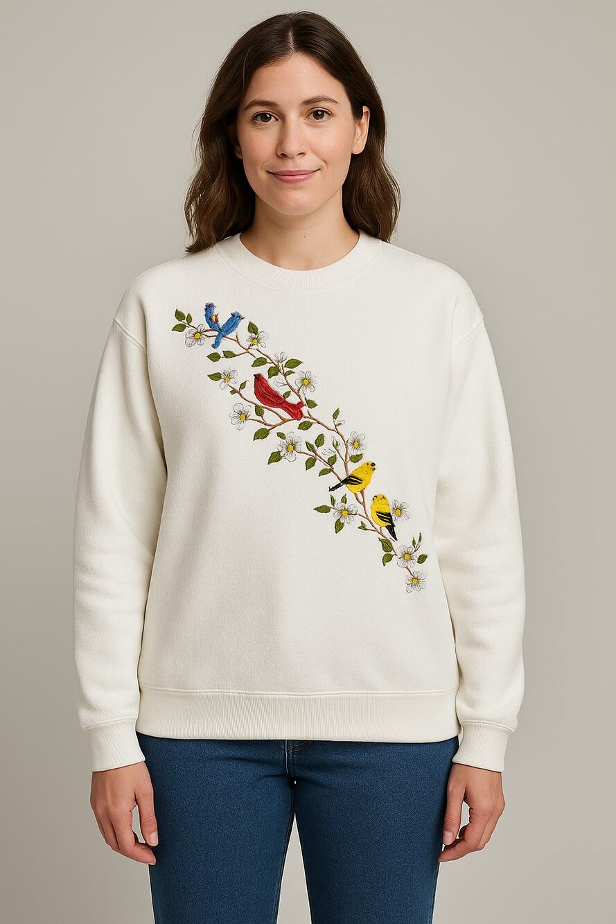 Vintage Pullover Sweater Womens XL White Birds Embroidered terry textured Rare